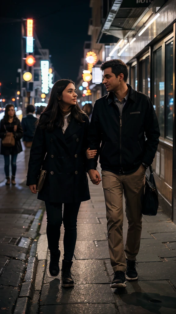 a couple walking on the street in a city at night, many lights from the city