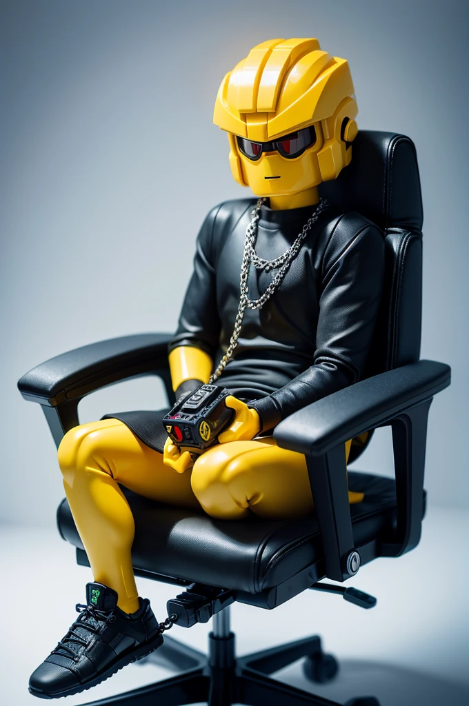 A lego figure with a thin chain on top of a gaming chair
