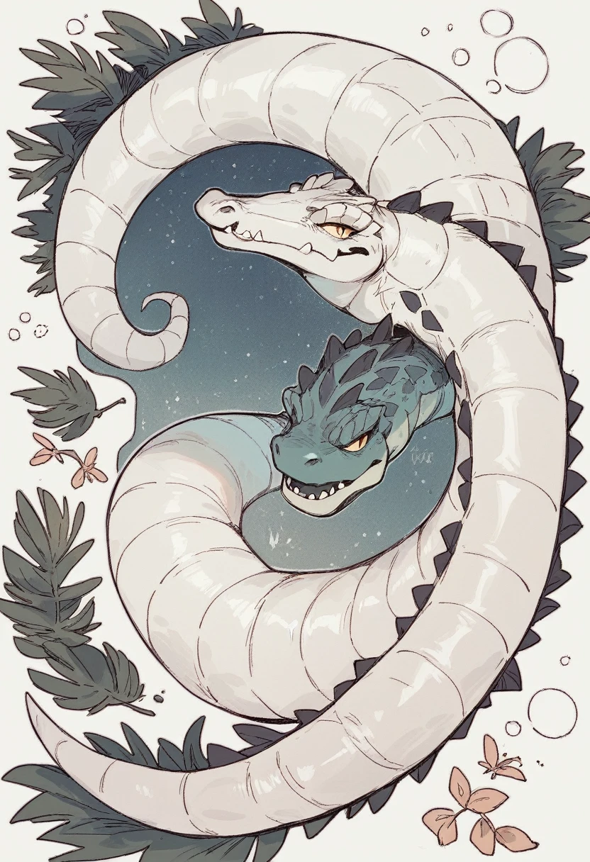 Design an alligator lying on the riverbank with its mouth slightly open and a few plants around it, black outline, white background, white space for coloring.