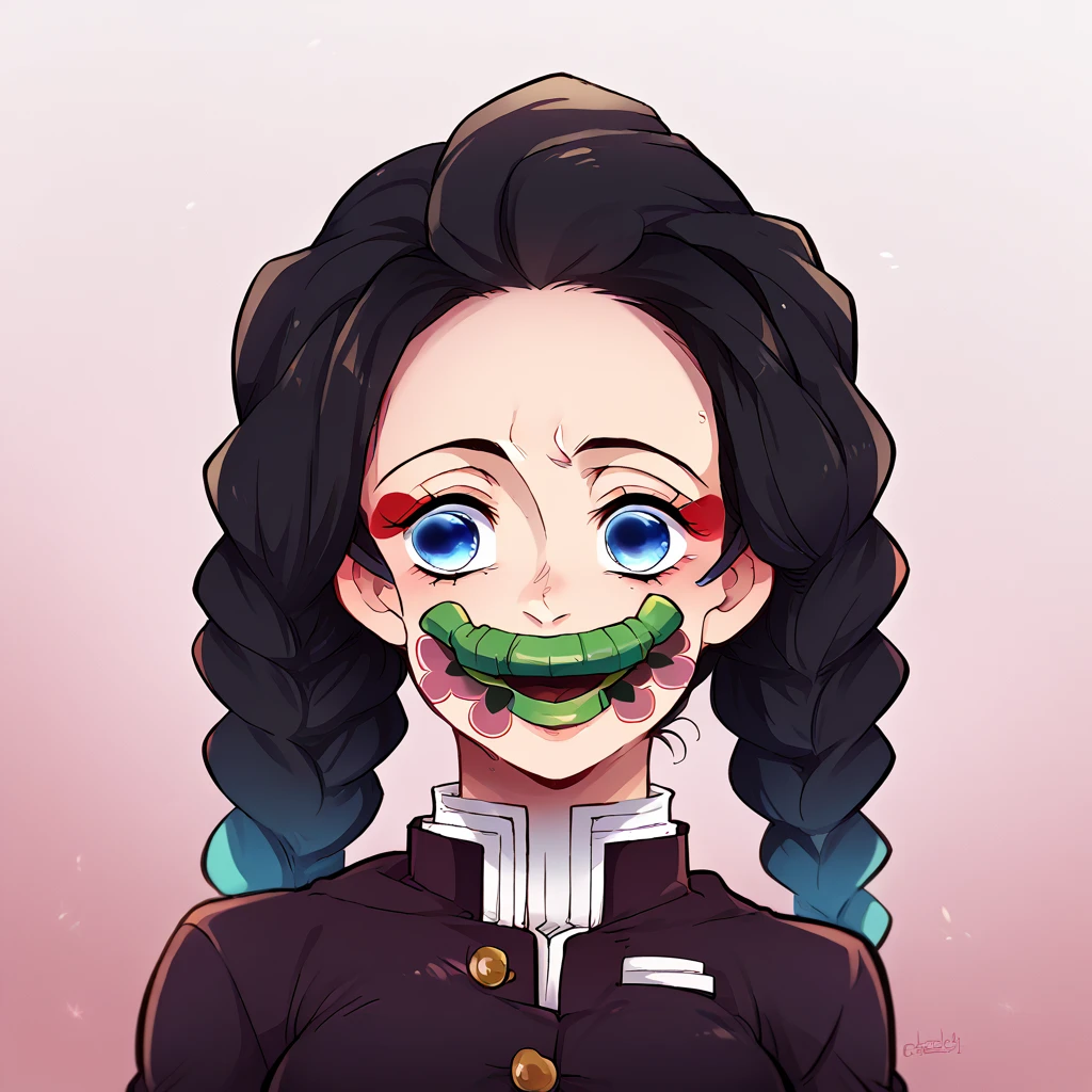 Kimetsu no Yaiba, smile, gradient black hair with pink. fly away, cloused mouth, blue colored eyes.