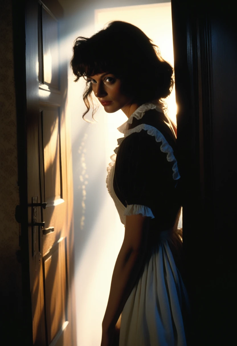 DVD Screen Grab, From the 1985 dark fantasy film, Vintage style art, horror film, Shabby maid hiding behind the door, A ray of light shines on her, 18th Clothing, High detail, Realistic shadows