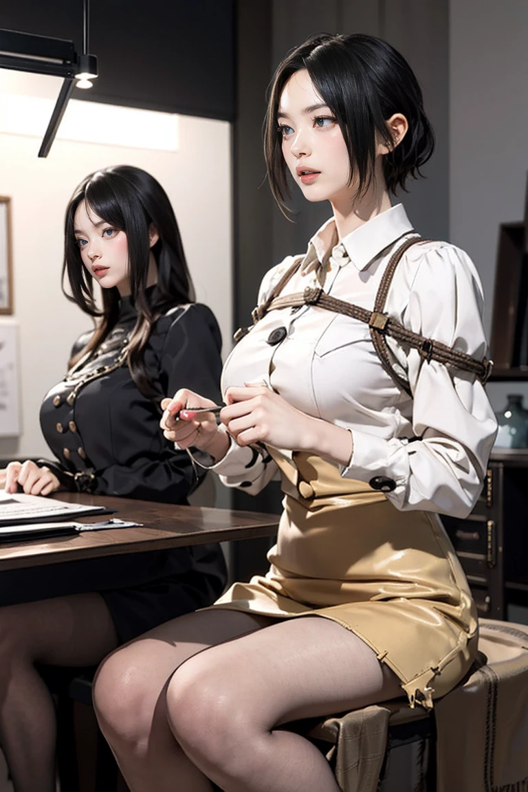 (((steampunk))),Ultra-realistic 8K CG, picture-perfectionな顔, perfection, clean, masterpiece, Professional artwork, Famous works of art, perfectionな顔, Beautiful Face, beautiful eye, ((perfectionな女性の体)),Large Breasts, alone,, ,skirt,,blush,Seductive look,Very detailed_eye,,((Gray Hair)), short hair,, Beautifully detailed backgrounds,Depth of written boundary,,Bondage,Skin Dentition,whole body,shirt,, pantyhose,