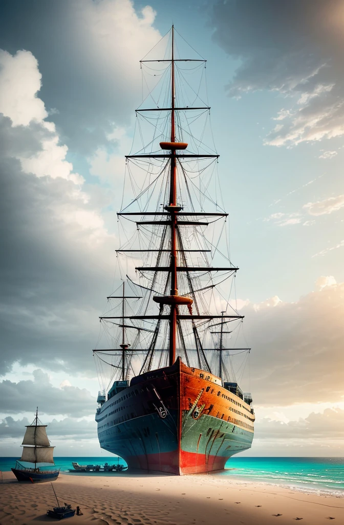 two photos of a beach with a ship and a tree, detailed matte painting by Matthias Kollros, shutterstock, conceptual art, photo shoot, Erik Johansson style, ships, shipwreck, Erik Johansson, photomanipulation, Alexander Jansson's style, Ship on a desert island, Realistic scene, Photo - manipulation, awe-inspiring, photo manipulation