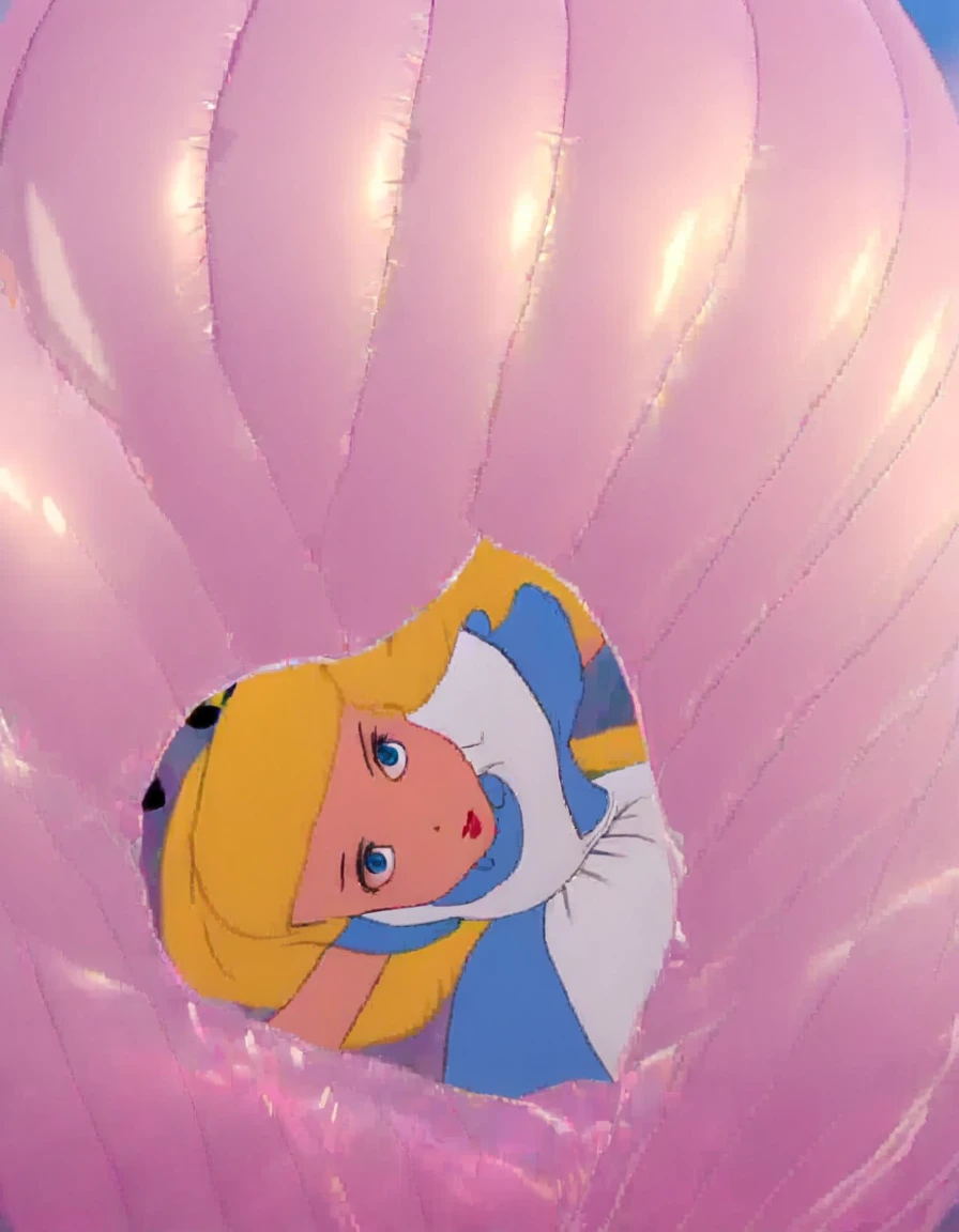 Brother,1 girl,Alone,long hair,blue eyes,blonde hair,dress,trapped in a balloon, sky,Alice (Alice in wonderland),Disney cartoon,masterpiece,best quality,(intricate details),highly detailed eyes,unique pose,dynamic pose,exaggerated angles and proportions ,