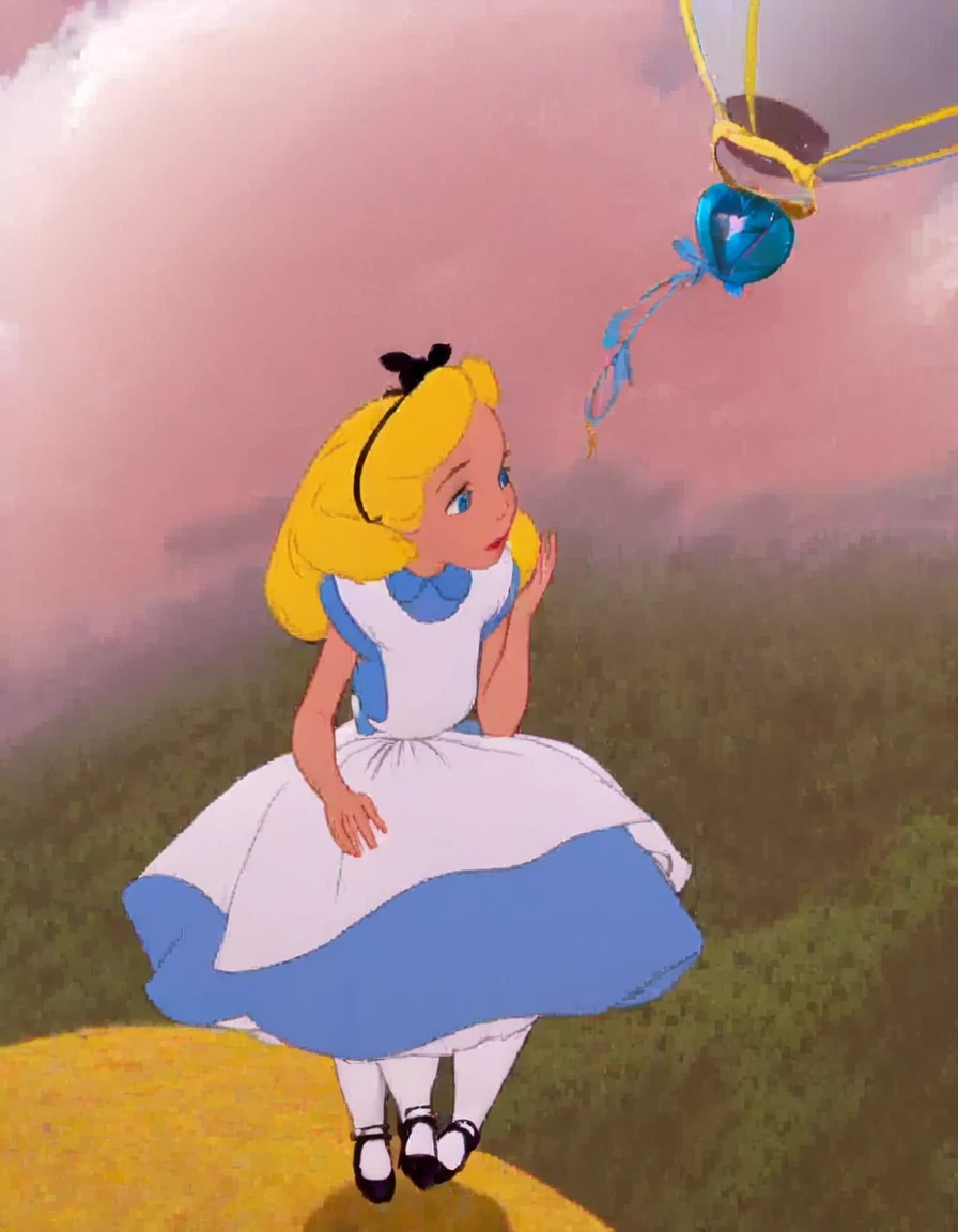 Brother,1 girl,Alone,long hair,blue eyes,blonde hair,dress,trapped in a balloon, sky,Alice (Alice in wonderland),Disney cartoon,masterpiece,best quality,(intricate details),highly detailed eyes,unique pose,dynamic pose,exaggerated angles and proportions ,