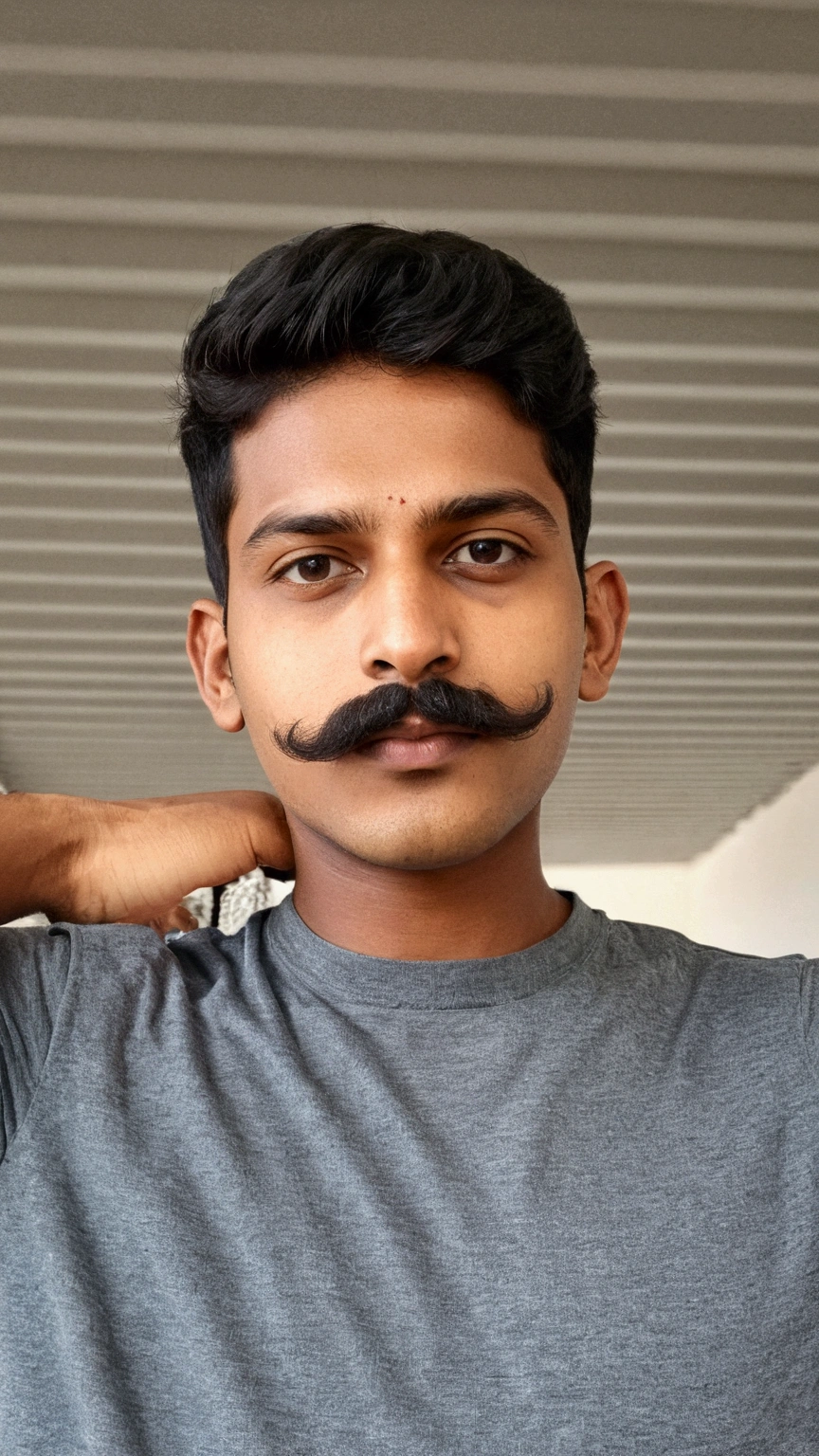 arafed man with a mustache and a gray shirt, with accurate face, without beard, portait photo profile picture, without beard and mustache, face picture, around 1 9 years old, without helmet, frontal picture, front profile!!!!, without mustache, profile picture, with round face, clean shaven face, selfie photo, jayison devadas