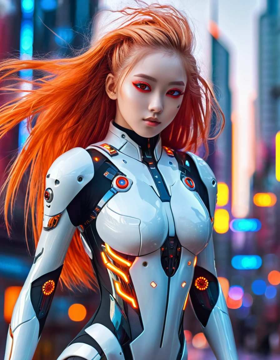 (sfw), intricate details, 1 girl, evening, (bright neon colors), ((flying over futuristic cyberpunk city)), detailed background, (little cyborg girl, ((perfect cute face, bright and shiny red eyes)), (perfect anatomy), (Absurdly Long Ombre Orange and White Hair, hair blowing in the wind)), impossible detailed ribbed bodysuit, shoulder armor, cyber members, dynamic angle, 