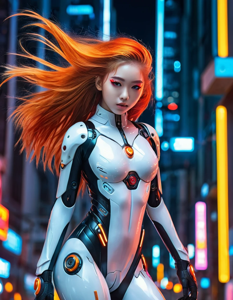 (sfw), intricate details, 1 girl, evening, (bright neon colors), ((flying over futuristic cyberpunk city)), detailed background, (little cyborg girl, ((perfect cute face, bright and shiny red eyes)), (perfect anatomy), (Absurdly Long Ombre Orange and White Hair, hair blowing in the wind)), impossible detailed ribbed bodysuit, shoulder armor, cyber members, dynamic angle,