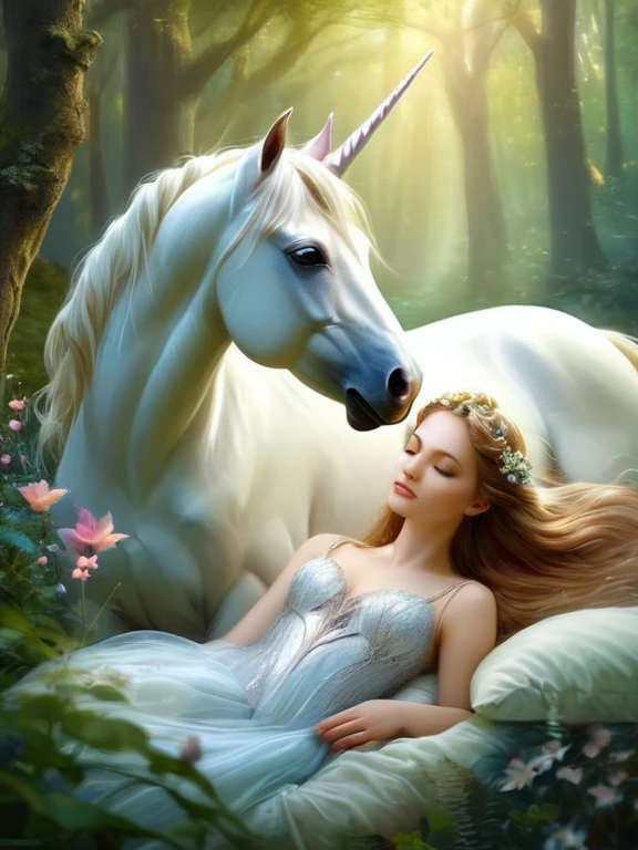 In the painting, a beautiful unicorn is waiting next to a beautiful fairy sleeping soundly in the forest., Very magical and dreamy, Beautiful images ever created, very beautiful photos, extremely beautiful and ethereal, white unicorn, beautiful fantasy, fantasy beauty, beautiful fairy, very beautiful fantasy art, beautiful depiction, unicorns, magical and mysterious, mysterious creature, Ethereal fairy tale, unicorn, beautiful fantasy art, ethereal fantasy