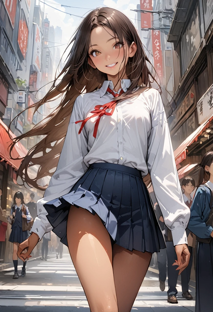 ((masterpiece,Highest quality:1.3,best quality illustration,realistic:1.4)),cowboy shot,独奏,1woman,(20-year-old、Japanese Beauty)、brown hair,long hair,(center parted bangs),brown eyes,gorgeous eyes,((very small head:1.3)),smile,,((very long body:1.2,skinny)),medium breasts,(tan skin:1.3),(School student uniform、Red ribbon tie、White collared shirt、Long sleeve navy blue pleated mini skirt),gleaming skin,toned body,slender body,on street,Shibuya Station、