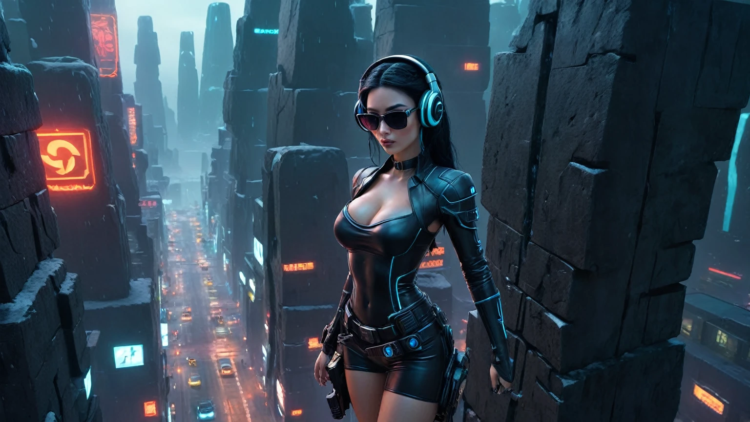 At night, dark sky, distant shot aerial view of fantasy cyberpunk style ice ((Moai-statue)) city, ((flying car)). ((1girl, solo, alone)), medium-breast:1.1 slim body, cleavage, sexy clothes, (headphone, black sunglasses, long black realistic hair), (((hip-up standing and holding pistol))), half-body thigh level medium shot, cinematic lighting.