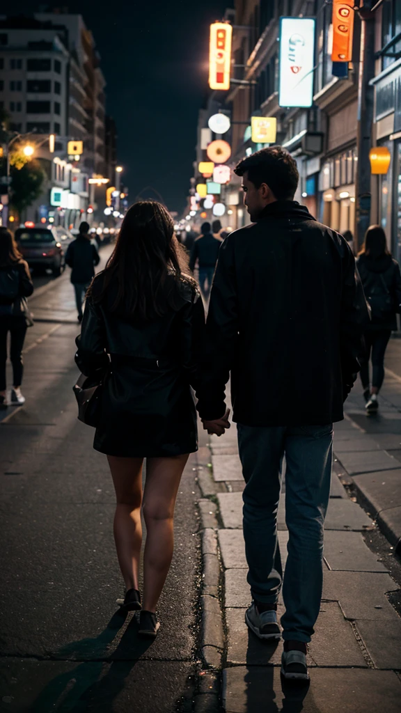 a couple walking on the street in a city at night, going to the horizon, many lights from the city