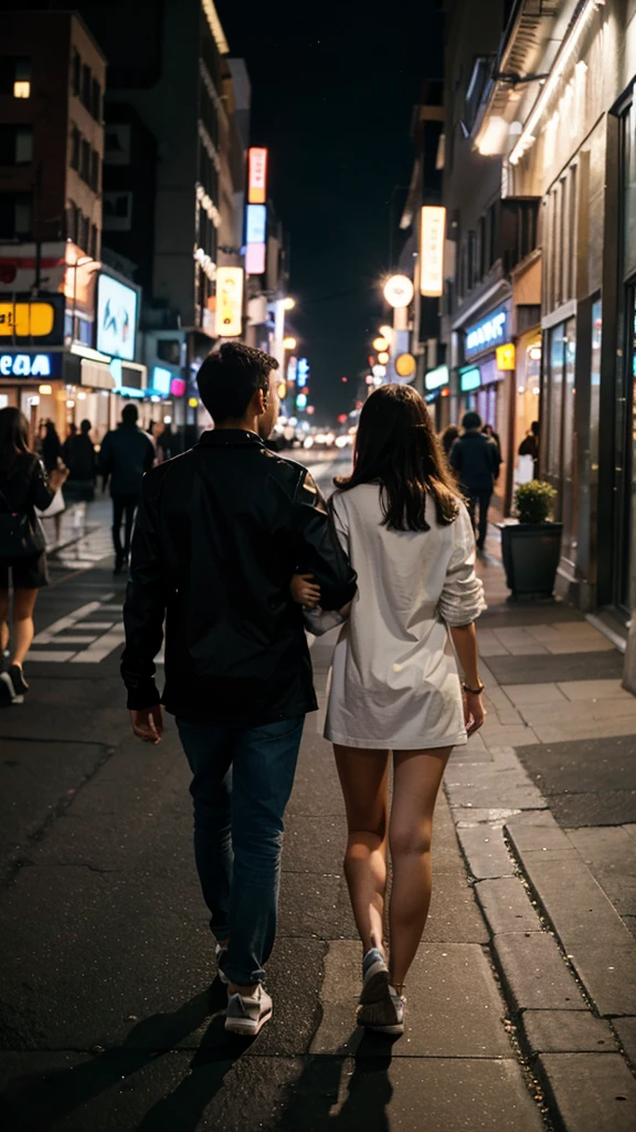 a couple walking on the street in a city at night, going to the horizon, many lights from the city