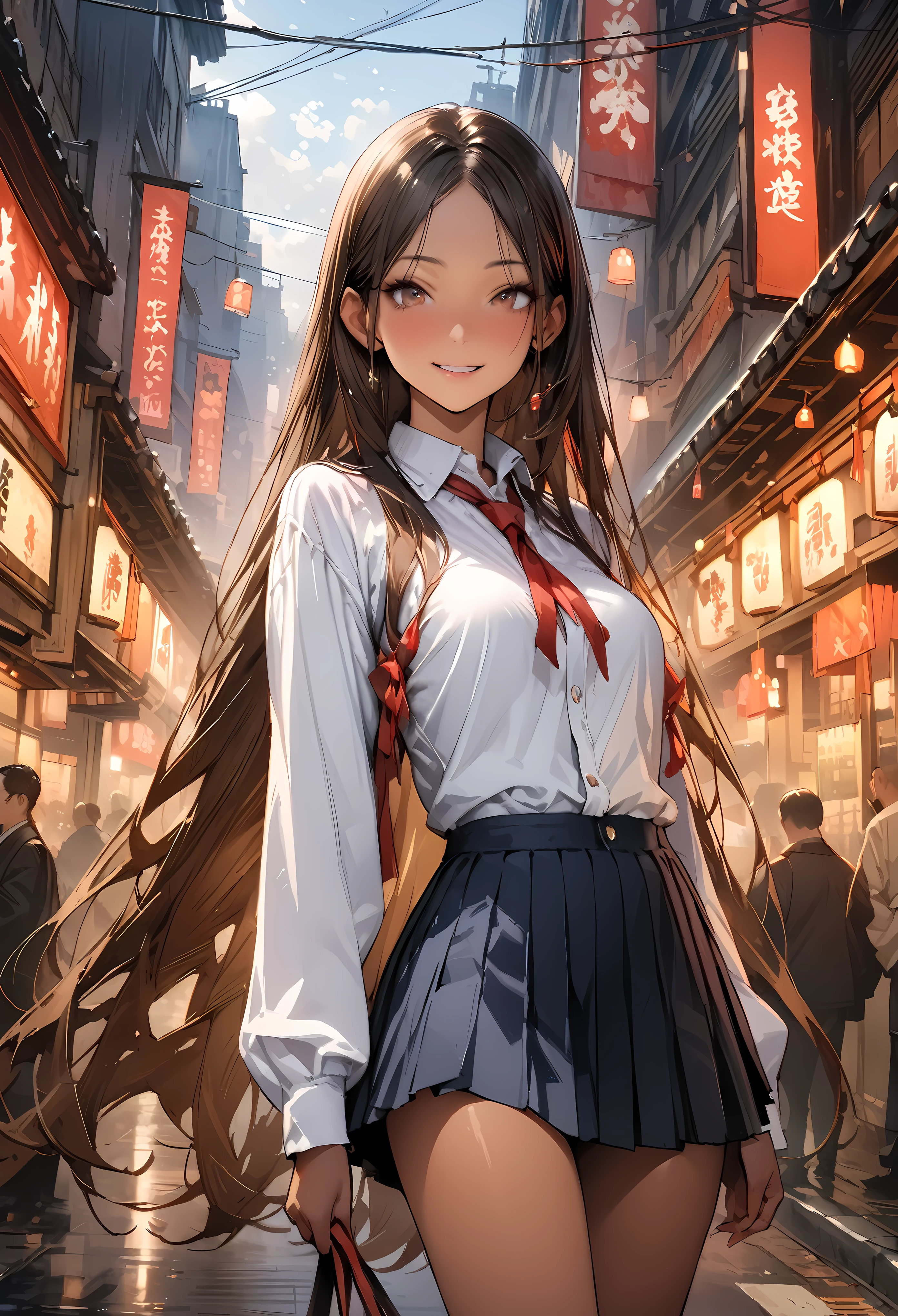 ((masterpiece,Highest quality:1.3,best quality illustration,realistic:1.4)),cowboy shot,solo,1woman,(20-year-old、Japanese Beauty)、brown hair,long hair,(center parted bangs),brown eyes,gorgeous eyes,((very small head:1.3)),smile,,((very long body:1.2,skinny)),medium breasts,(tan skin:1.3),(Red ribbon tie、White collared shirt、Long sleeve navy blue pleated mini skirt),gleaming skin,toned body,slender body,on street,shibuya、Modern Tokyo、