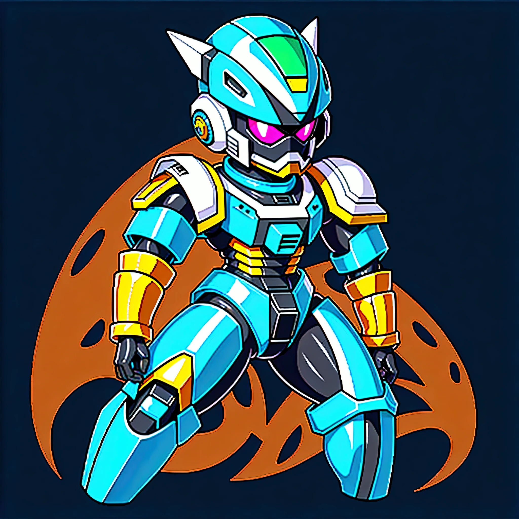 Medabot, gundam, A mecha robot. A robot, pixel image of a blue and yellow robot with a green helmet, crow in cyber armour, varguyart style, alien space knight, male robotic anthro orca, shovel knight as daft punk, clothed in cyber armour