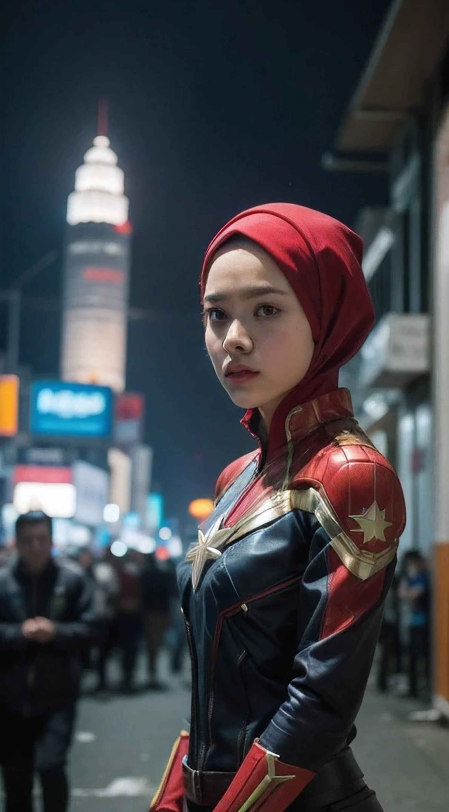 a malay teenage girl in hijab and captain marvel suit standing in action in front of bustling kuala lumpur malaysia city streets, serious face, nighttime, 35mm lens, Extreme close-up, pastel color grading, depth of field cinematography effect, film noir genre, 8k resolution, high quality, ultra detail