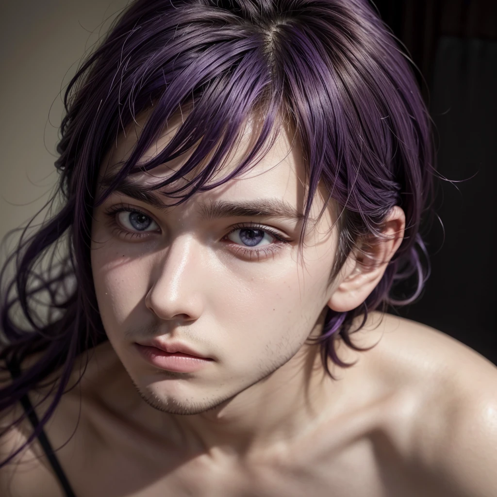 a young 23 year old man with medium purple hair, orange eyes
