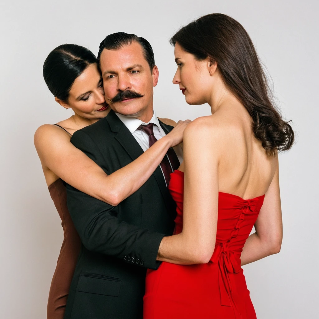The man in his 45s with black very short hair and smooth face with moustache. The woman in her 45s with brown wacy long hair. The man is dressed in a black suit. The woman is wearing red strapless dress. The man hugs the woman's waist. The woman pulls the man's tie. They look at each other passionately. White background. Studio. Posing for magazine cover. HDR. UHD. Cinematic.