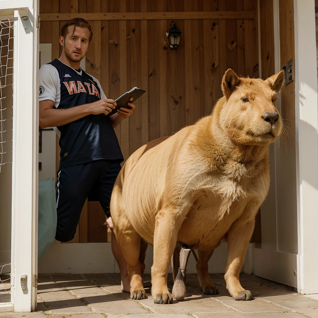 Create for me a picture that have Harry Kane and capybara watch football