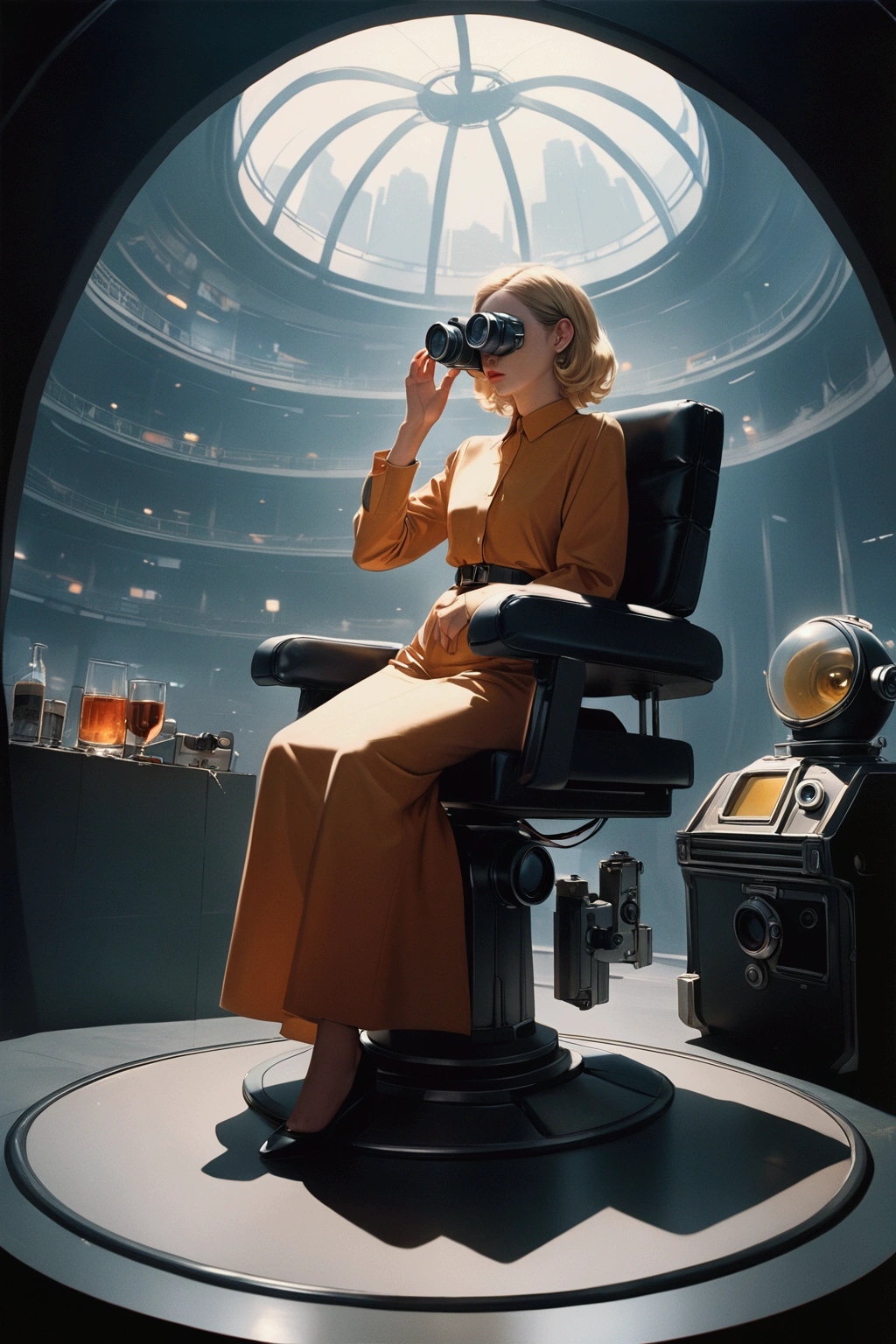 ((Highest quality)), ((masterpiece)), ((Realistic)), Color film 35mm 1976, Pulp science fiction, director:Fred M. Wilcox, A blonde woman wearing makeup photographed by the Mitchell BNC camera, Sitting in a chair with a glass dome over his head, Analogue photography, Stanley Kubrick, Wide Shot, alone, Dawn, At eye level, Scenic, masterpiece :0.5 AND HyperRealistic cyberpunk robot. highly detailed digital art masterpiece, Smooth Cam and Soft Light, Ground angle HD 8 K, Sharp focus :0.5