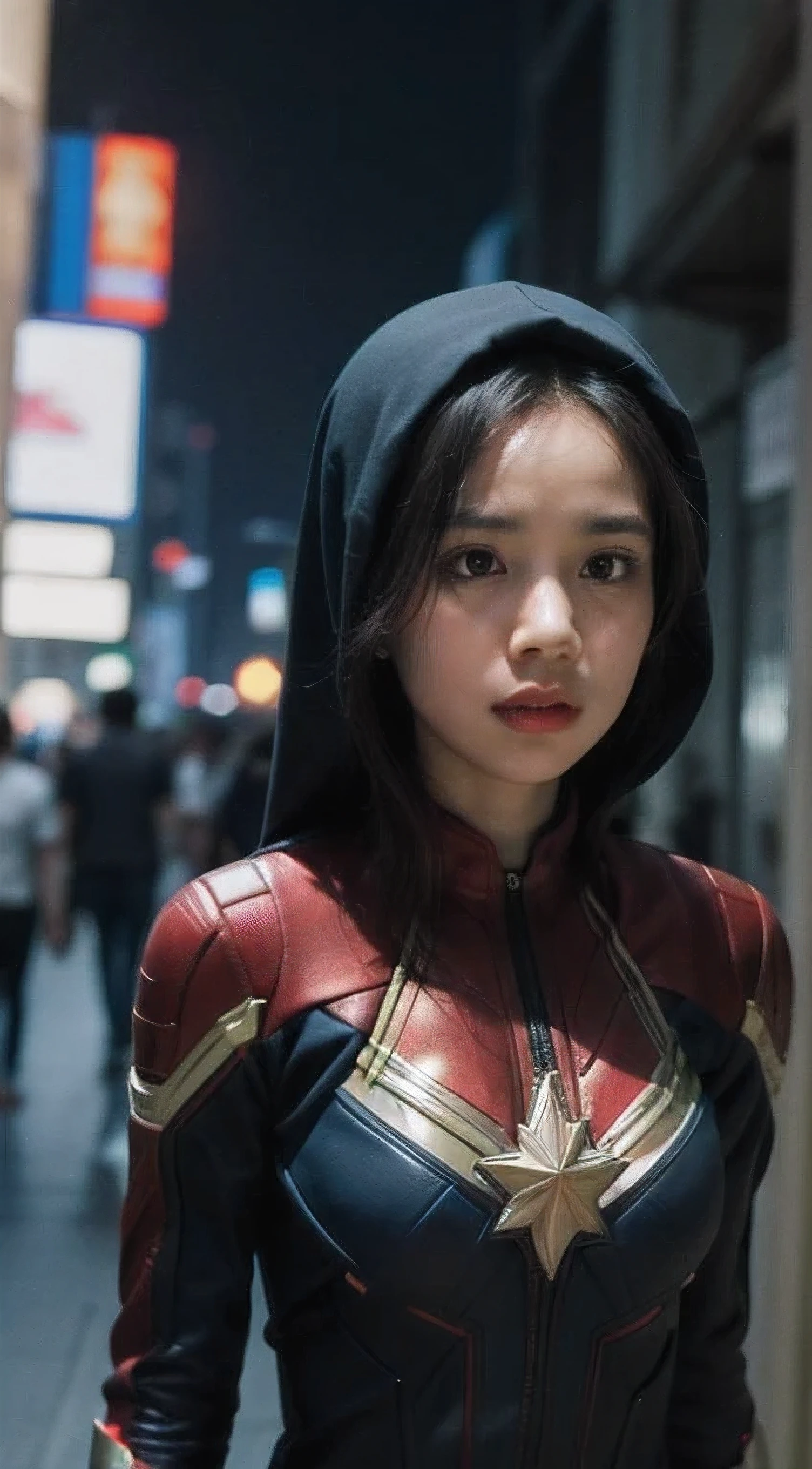a malay teenage girl in hijab and captain marvel suit standing in action in front of bustling kuala lumpur malaysia city streets, serious face, nighttime, 35mm lens, Extreme close-up, pastel color grading, depth of field cinematography effect, film noir genre, 8k resolution, high quality, ultra detail