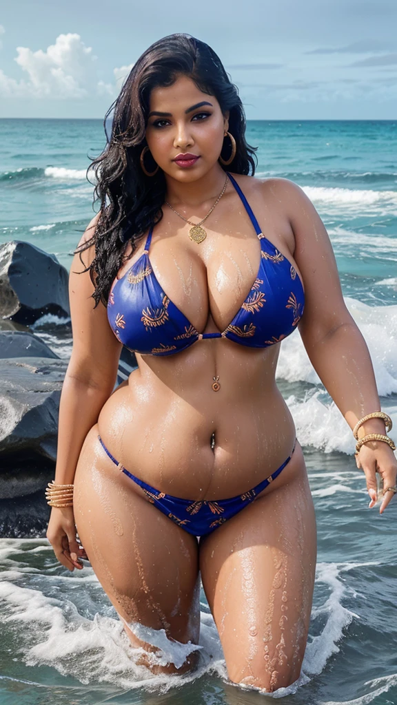 full body picture , BBW Wet curvy, wet Desi MOMMY showing her big ass in sexy sexy thong sexy pattern bikini and showing cleavage and in nose ring, many bangles in hands,earings, necklace ,lipstick ,navel,Indian, Chubby, showing her curves in sea water, sea waves , rocks