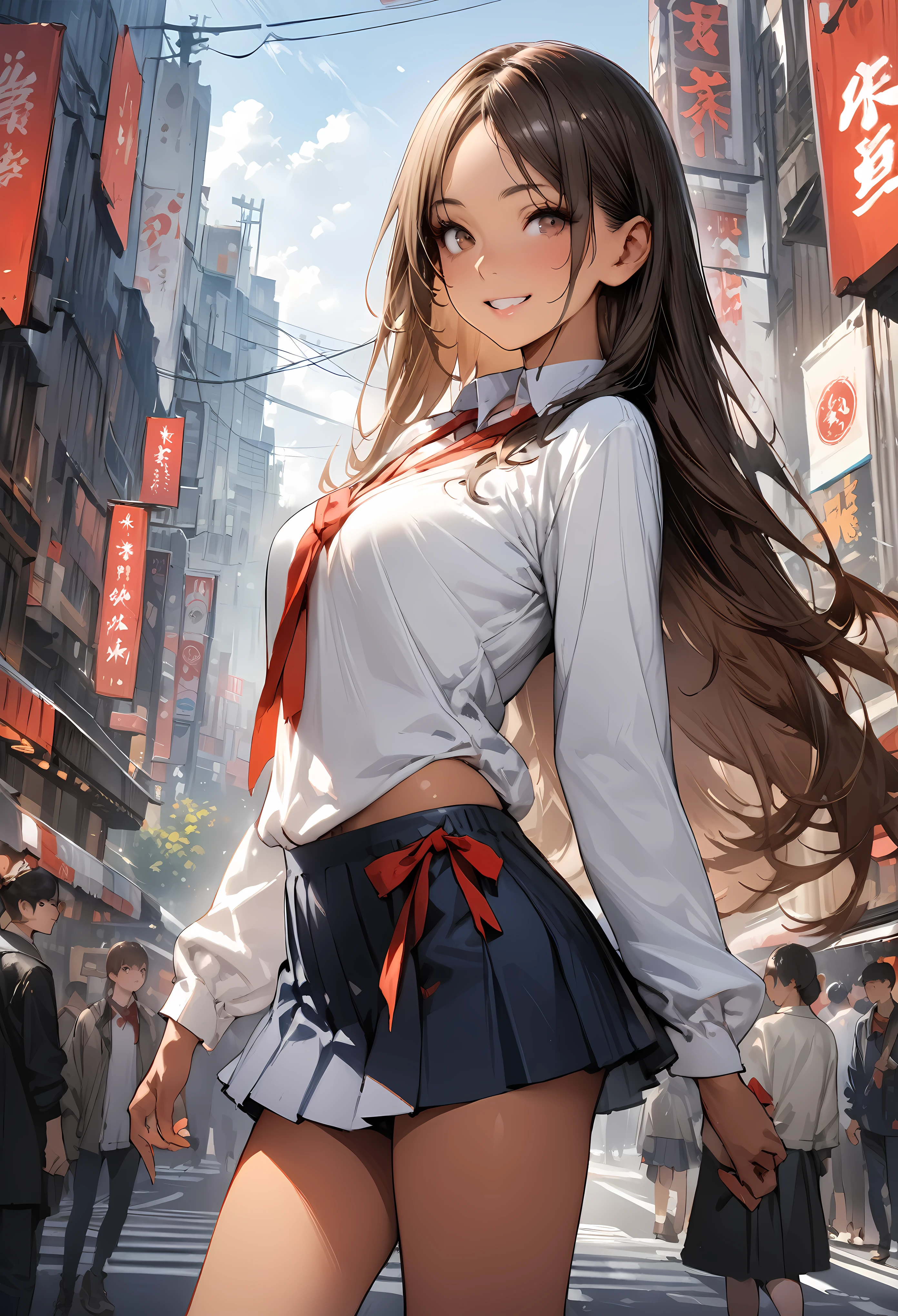 ((masterpiece,Highest quality:1.3,best quality illustration,realistic:1.4)),cowboy shot,solo,1woman,(20-year-old、Japanese Beauty)、brown hair,long hair,(center parted bangs),brown eyes,gorgeous eyes,((very small head:1.3)),smile,,((very long body:1.2,skinny)),medium breasts,(tan skin:1.3),(Red ribbon tie、White collared shirt、Long sleeve navy blue pleated mini skirt),gleaming skin,toned body,slender body,on street,Shibuya Station、