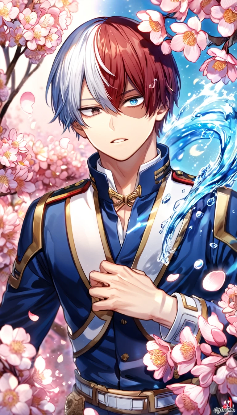 Ultra detailed, highres, absurdres, HDR, master piece, Todoroki Shouto, bicolor hair, right side is white, left side is red, heterochromia, right eye is grey, left eye is blue, Boku No Hero Academia, fantasy, pink petals, water, pink flowers, handsome, sexy man, solo, best quality, blossoms, blue shining fireflies, blue clothes, magical, the word "Krozseria" is written on his shirt,