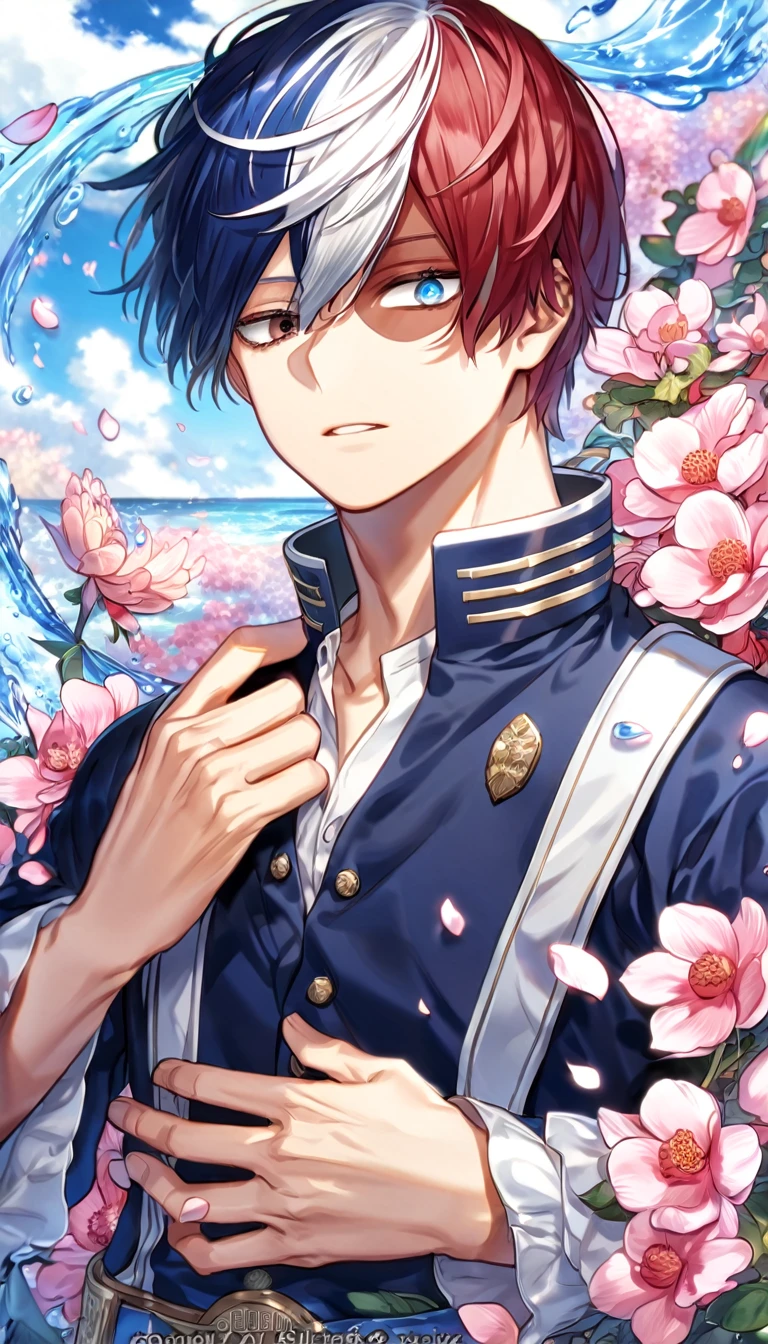 Ultra detailed, highres, absurdres, HDR, master piece, Todoroki Shouto, bicolor hair, right side is white, left side is red, heterochromia, right eye is grey, left eye is blue, Boku No Hero Academia, fantasy, pink petals, water, pink flowers, handsome, sexy man, solo, best quality, blossoms, blue shining fireflies, blue clothes, magical, the word "Krozseria" is written on his shirt,