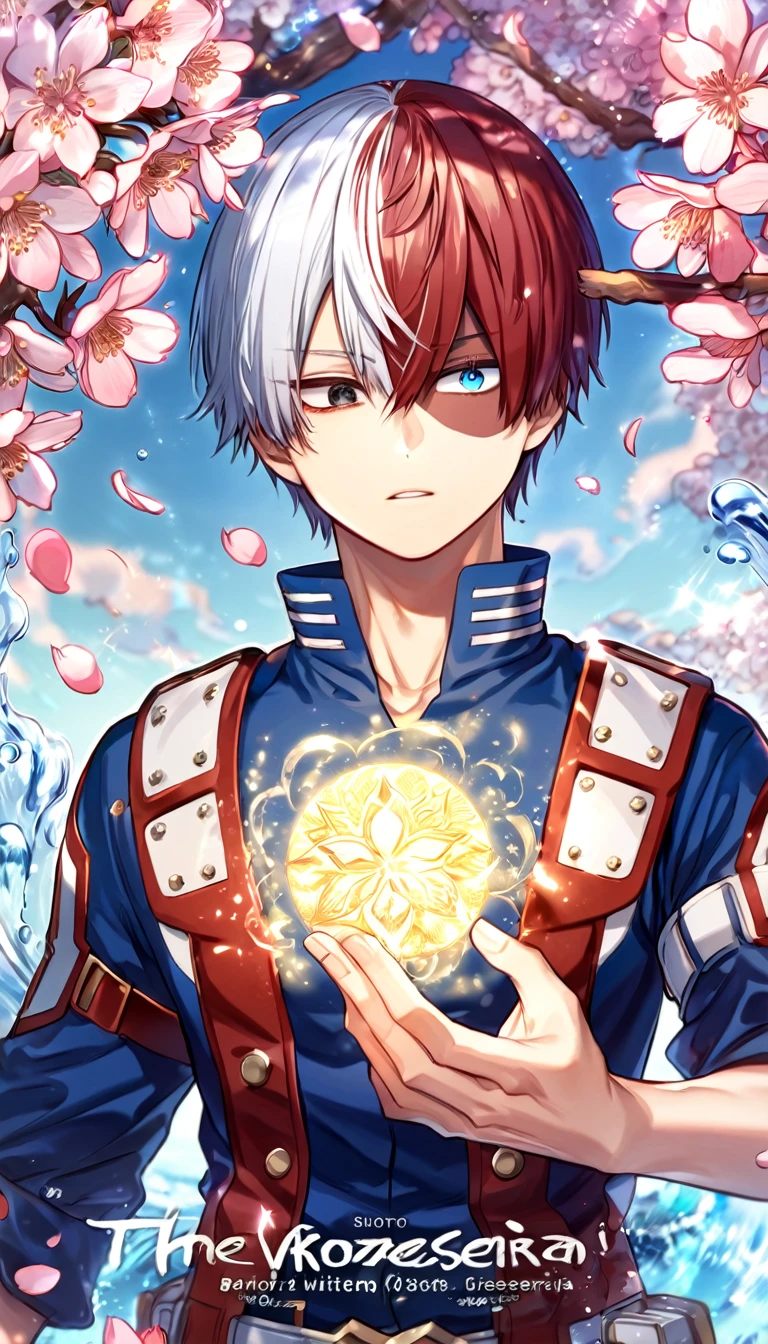 Ultra detailed, highres, absurdres, HDR, master piece, Todoroki Shouto, bicolor hair, right side is white, left side is red, heterochromia, right eye is grey, left eye is blue, Boku No Hero Academia, fantasy, pink petals, water, pink flowers, handsome, sexy man, solo, best quality, blossoms, blue shining fireflies, blue clothes, magical, the word "Krozseria" is written on his shirt,