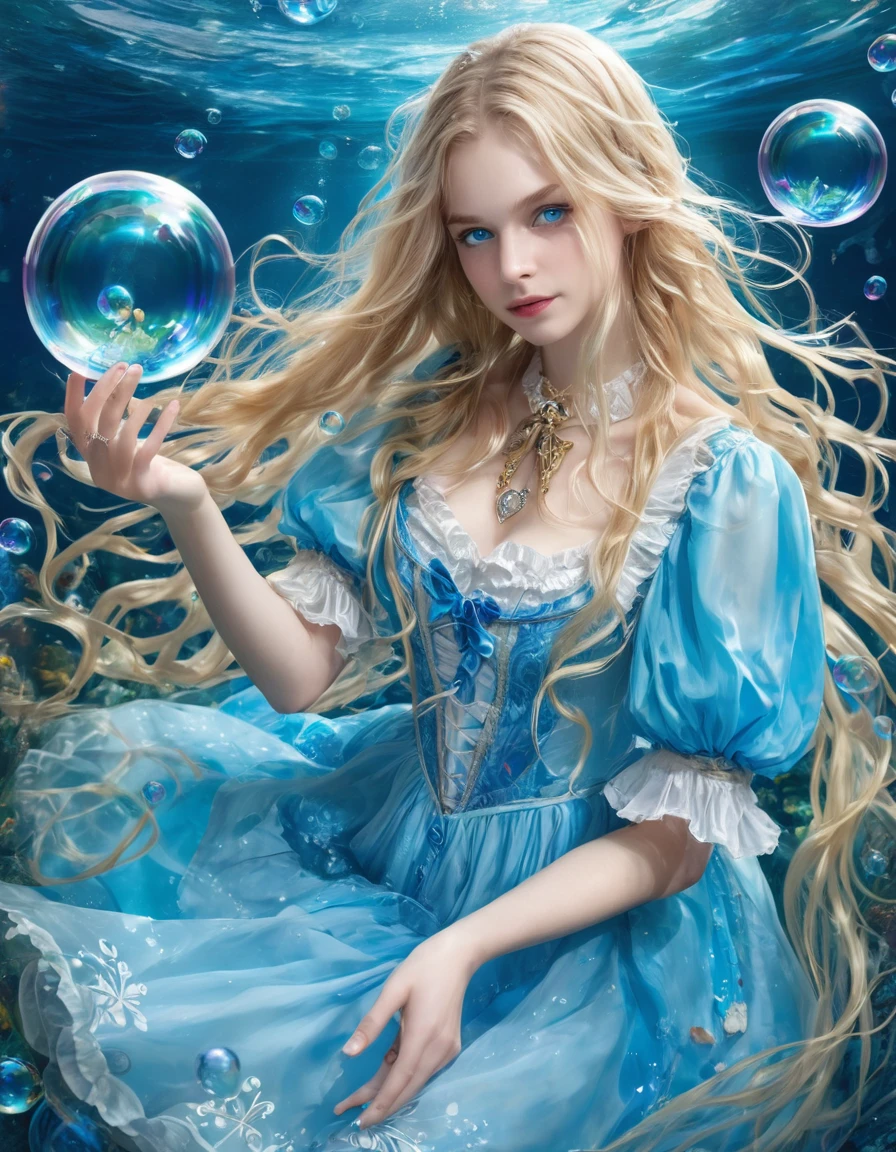 Brother,1 girl,Alone,long hair,blue eyes,blonde hair,dress,trapped in a bubble underwater,Alice (Alice in wonderland),Disney cartoon,masterpiece,best quality,(intricate details),highly detailed eyes,unique pose,dynamic pose,exaggerated angles and proportions ,