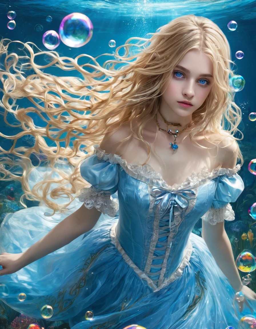 Brother,1 girl,Alone,long hair,blue eyes,blonde hair,dress,trapped in a bubble underwater,Alice (Alice in wonderland),Disney cartoon,masterpiece,best quality,(intricate details),highly detailed eyes,unique pose,dynamic pose,exaggerated angles and proportions ,