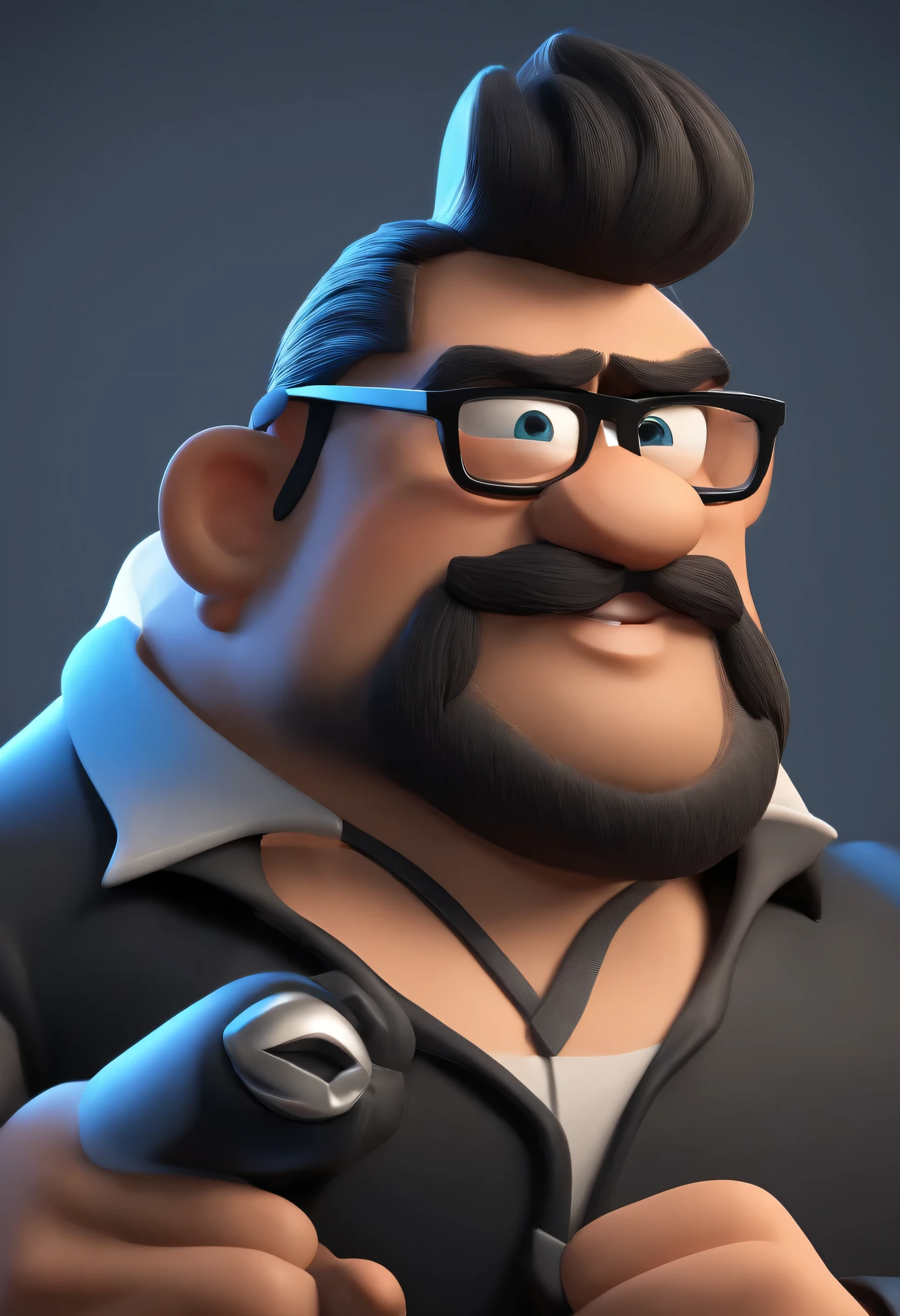 Cartoon character of a man with black glasses, forte, cabelo grisalho partido de lado, com 1.60 de altura e uma camisa azul, animation character, Caractere estilizado, animation style rendering, 3D estilizado, Arnold Maya render, 3 d render stylized, toon render keyshot, Personagem 3D, Personagem 3D, 3d rendering stylized, 3 d character render, personagem de desenho animado, Personagem de close up, Pose de personagem,  (Estilo Pixar) (master part:1.2) (Bokeh) (best quality) (pele detalhada) (textura detalhada) (8k) (argila) (Cinematic lighting) (foco nítido