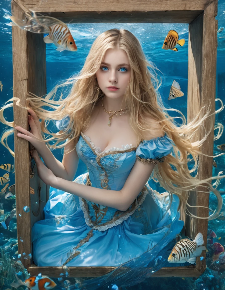 Brother,1 girl,Alone,long hair,blue eyes,blonde hair,dress,trapped in a box underwater,Alice (Alice in wonderland),Disney cartoon,masterpiece,best quality,(intricate details),highly detailed eyes,unique pose,dynamic pose,exaggerated angles and proportions ,