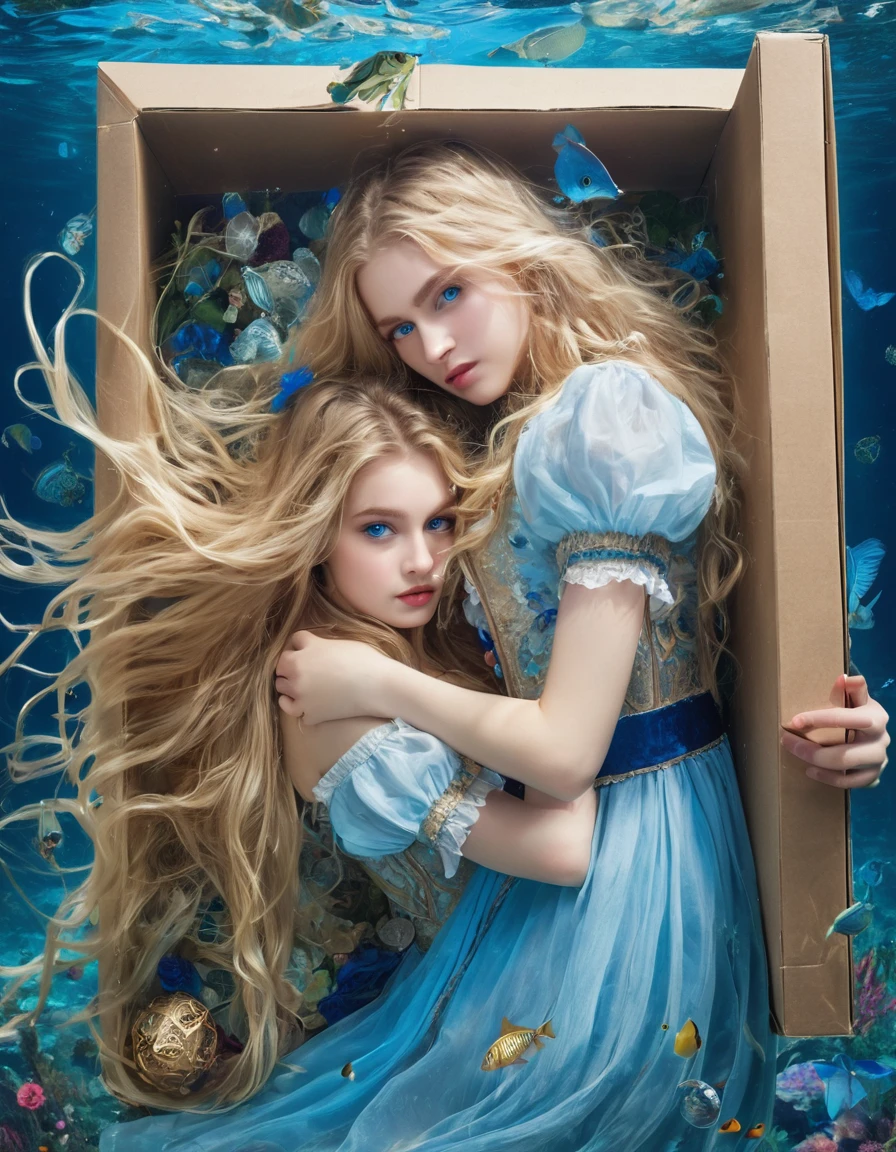 Brother,1 girl,Alone,long hair,blue eyes,blonde hair,dress,trapped in a box underwater,Alice (Alice in wonderland),Disney cartoon,masterpiece,best quality,(intricate details),highly detailed eyes,unique pose,dynamic pose,exaggerated angles and proportions ,