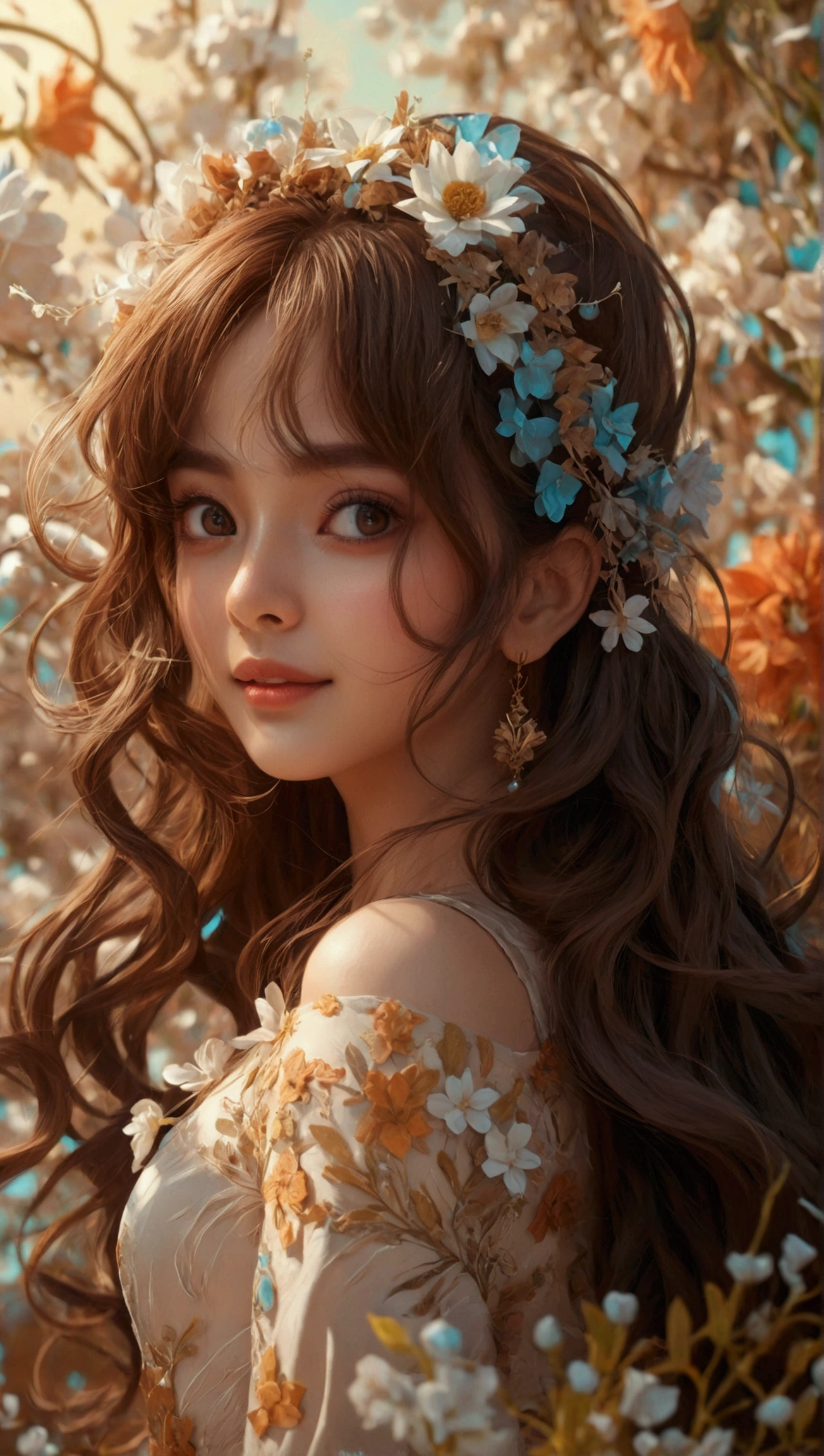 (masterpiece),(best quality), illustration, (fantasy:1.4), brown long hair, long eye lashes, solid circle eyes, light smile, Surrealism, drop shadow, anaglyph, stereogram, atmospheric perspective, 8k, super detail, accurate, best quality, UHD, textured skin, long dress, a moon, flowers , paper_cut