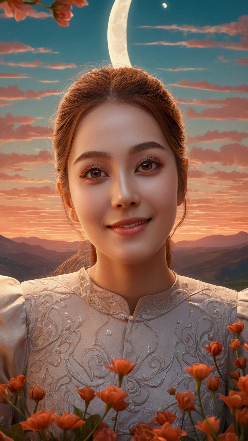 (masterpiece),(best quality), illustration, (fantasy:1.4), brown long hair, long eye lashes, solid circle eyes, light smile, Surrealism, drop shadow, anaglyph, stereogram, atmospheric perspective, 8k, super detail, accurate, best quality, UHD, textured skin, long dress, a moon, flowers , paper_cut