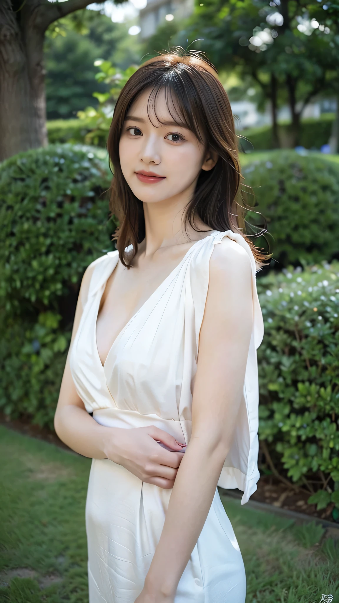 (8K、Raw photo、Highest quality、masterpiece:1.2)、(Realistic、Realistic:1.37)、Ultra-high resolution、One Girl、cute、alone, Browsing Caution,Highest quality,masterpiece,8K,Droopy eyes,Big Breasts,Beautiful breasts, White Dress, In the park, smile, Highly detailed face, Highly detailed lips, double eyelid, Exquisite detail and subtle sparkle, Photograph her in poses that reflect both grace and confidence, Enhance visual effects with cinema lighting. Use modern 2D designs for your backgrounds, Create beautifully, Balanced composition. Enhance the scene with elements such as depth of field, bloom effect, And a touch of sparkle, Adds a dreamy texture to the entire image. Pay close attention to detail