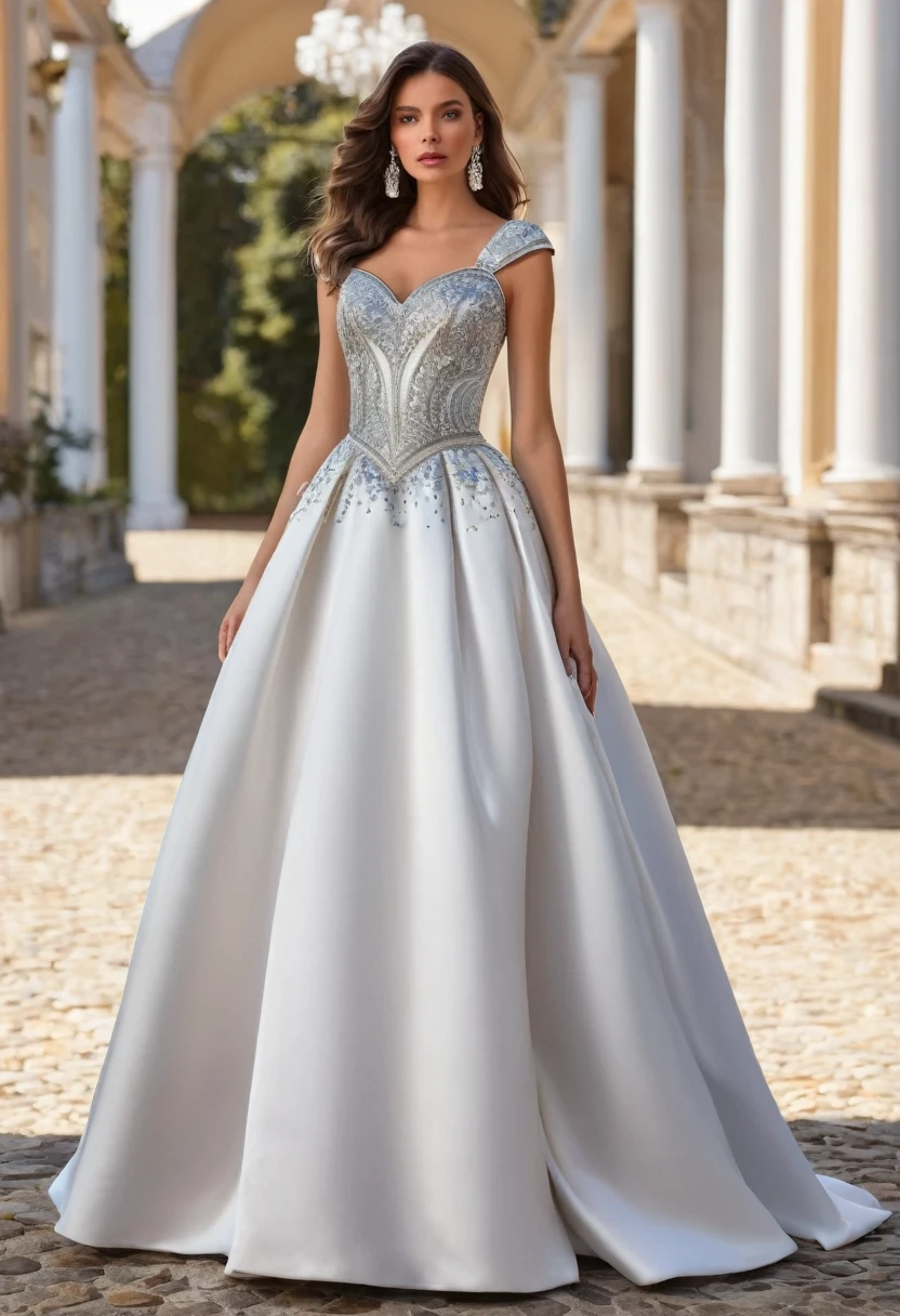 full-length ,dress with a long, puffy skirt, fitted bodice, and crystal embellishments. A combination of velvet and satin fabrics with white details.