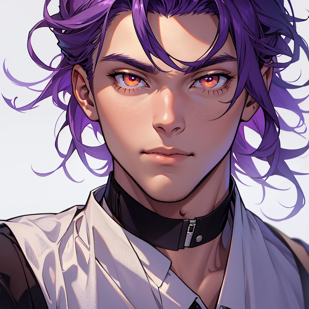 a young man alone, 23 years old with medium purple hair, orange eyes