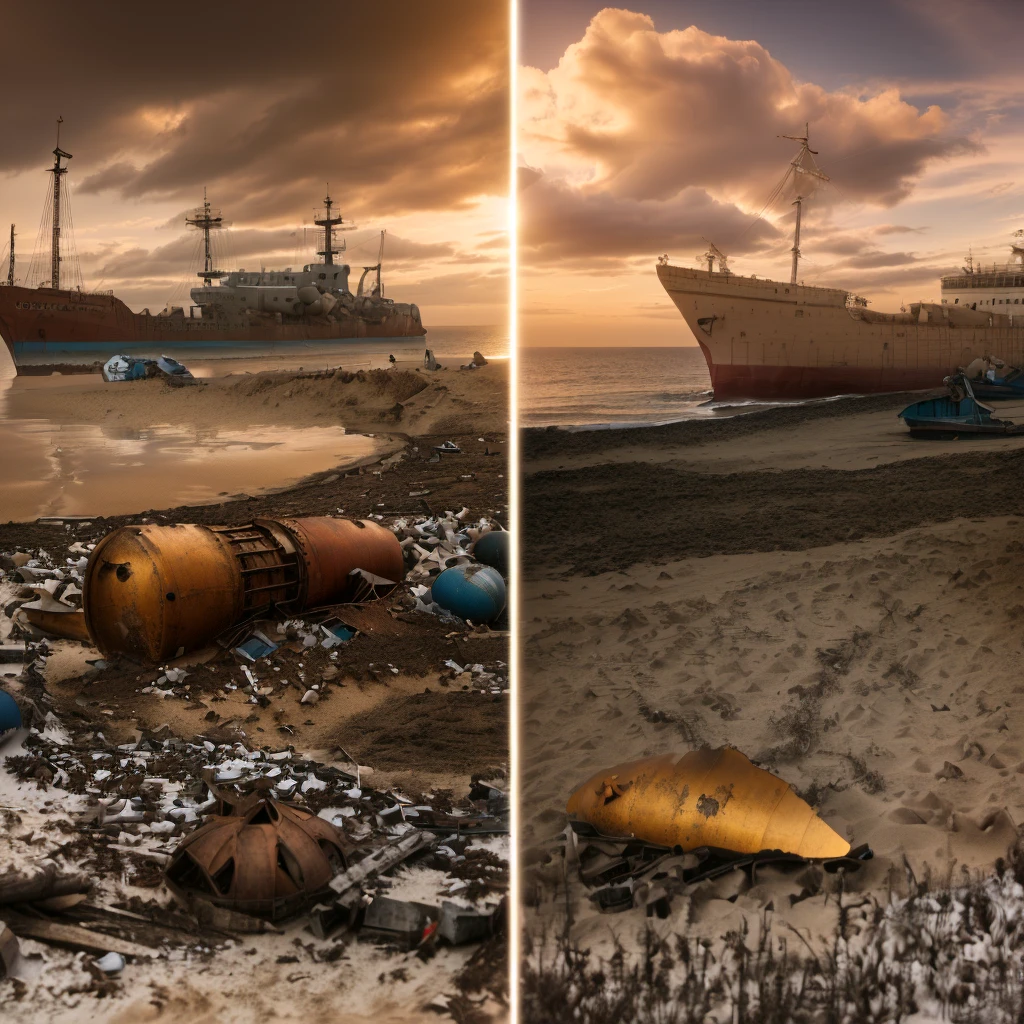 two photos of a beach with a ship and a tree, photo shoot, Erik Johansson style, Mathias Colross, ships, shipwreck, Erik Johansson, photomanipulation, Alexander Kucharsky, Sebastian Spreng, Adam Marczynski, Alexander Jansson's style, Ship on a desert island