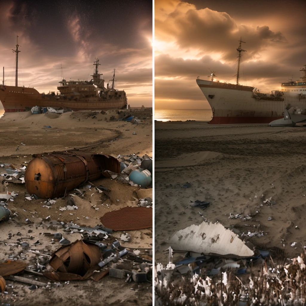 two photos of a beach with a ship and a tree, photo shoot, Erik Johansson style, Mathias Colross, ships, shipwreck, Erik Johansson, photomanipulation, Alexander Kucharsky, Sebastian Spreng, Adam Marczynski, Alexander Jansson's style, Ship on a desert island