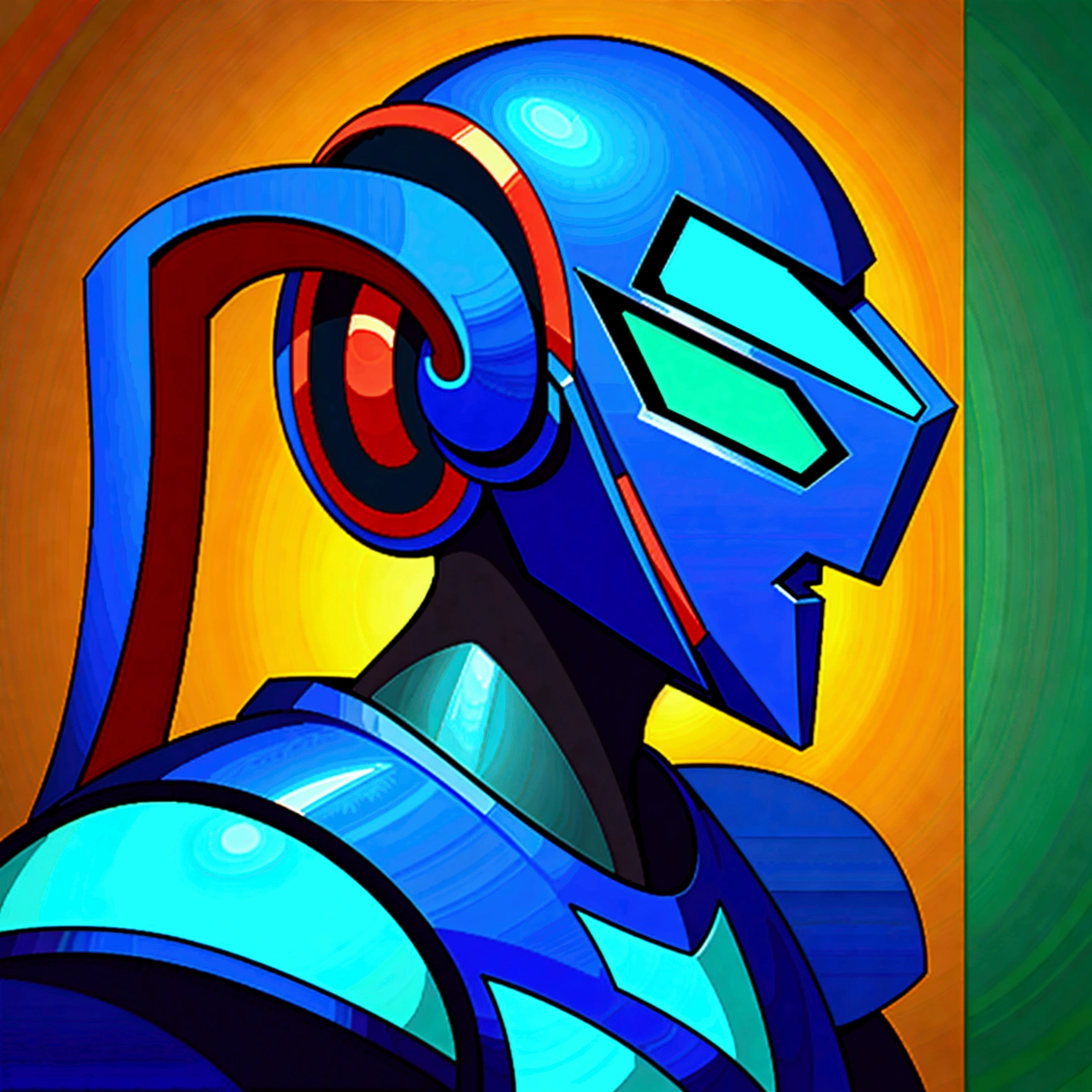 Medabot, gundam, A mecha robot. A robot, pixel image of a blue and yellow robot with a green helmet, crow in cyber armour, varguyart style, alien space knight, male robotic anthro orca, shovel knight as daft punk, clothed in cyber armour