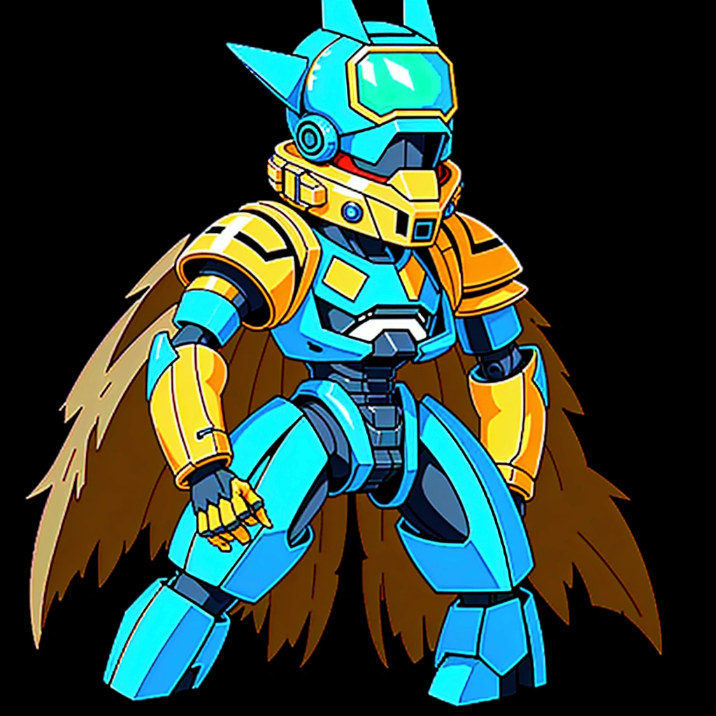 Medabot, gundam, A mecha robot. A robot, pixel image of a blue and yellow robot with a green helmet, crow in cyber armour, varguyart style, alien space knight, male robotic anthro orca, shovel knight as daft punk, clothed in cyber armour