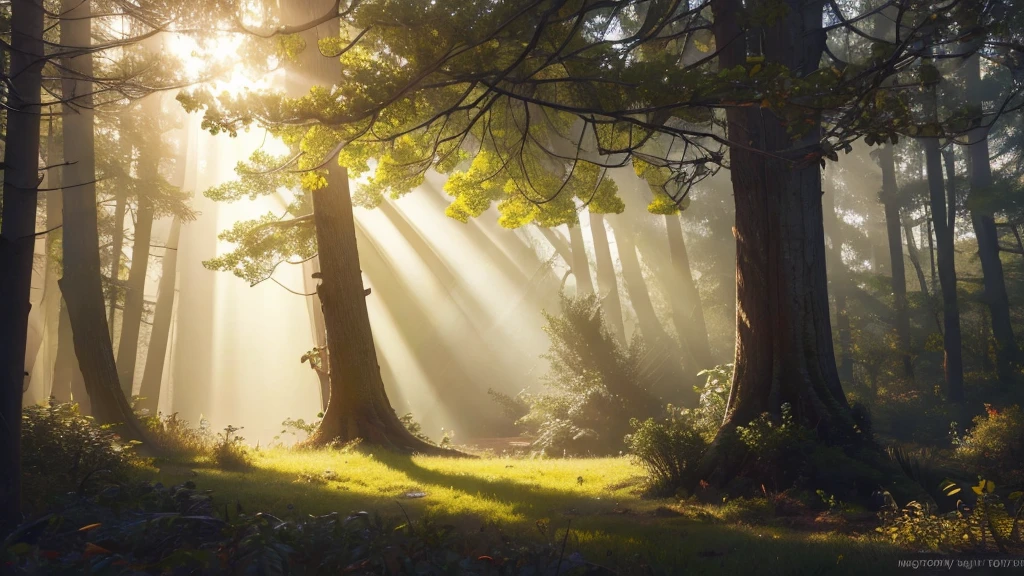 un bosque con arboles gigates, mucha vegetacion, neblina, luciernagas, lluvia, charcos de agua, ray tracing, god rays, glowing light, reflection light, Realism, Hyperrealism, Nikon, Canon, 16k, highres, best quality, award winning, high quality, super detail, high details, masterpiece