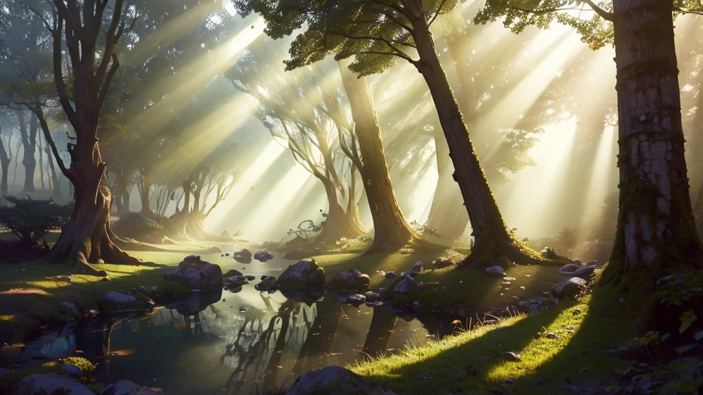 un bosque con arboles gigates, mucha vegetacion, neblina, luciernagas, lluvia, charcos de agua, ray tracing, god rays, glowing light, reflection light, Realism, Hyperrealism, Nikon, Canon, 16k, highres, best quality, award winning, high quality, super detail, high details, masterpiece