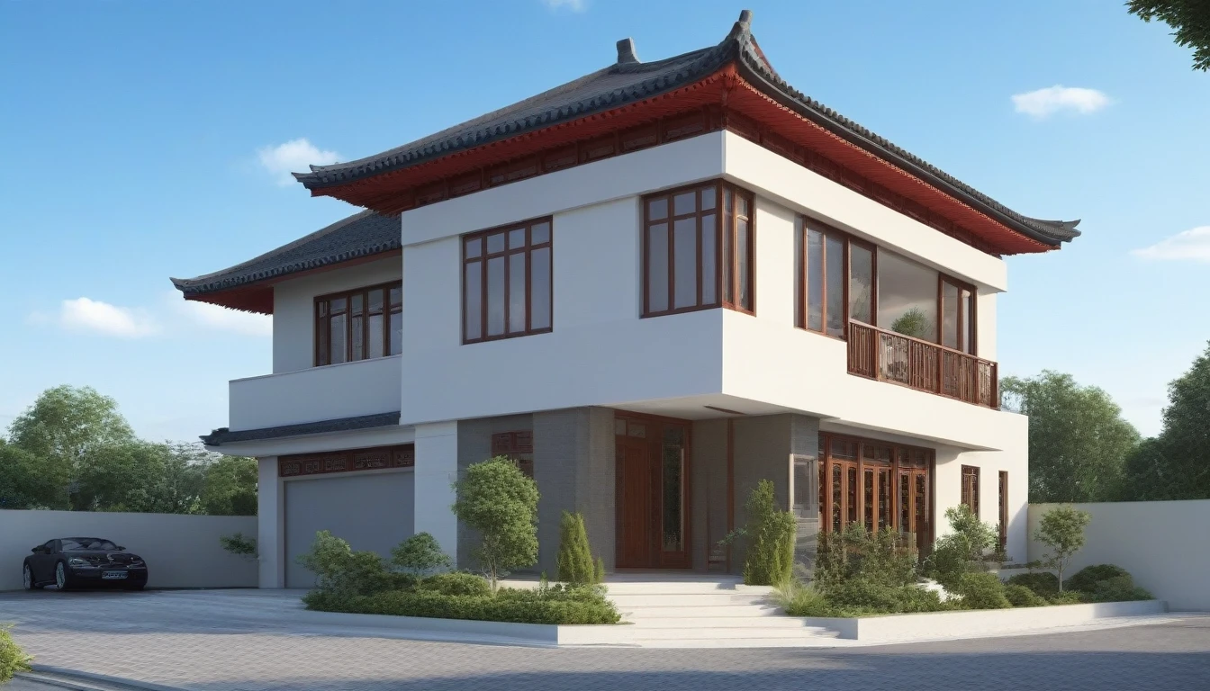 Style architectural Style architectural,   ((Maison de style chinois)),(chef-d&#39;œuvre) , ((meilleure qualité)), éclairage dramatique, high quality outportes, ciel, jour, nuage, arbre, blue ciel, bâtiment, paysage, route, emplacement dans le monde réel,  lumière du soleil, assez de détails, Haute résolution,super réaliste, photoréaliste, très détaillé, balcon, plantes, porte, voiture, camion, place de parking, pavage, . Des lignes épurées, dessin architectural, très détaillé  , . Des lignes épurées, formes géométriques, minimaliste, moderne, dessin architectural, très détaillé, tree around
