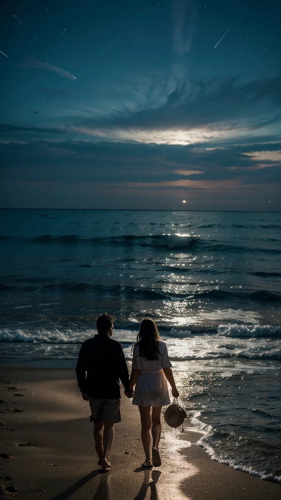 a couple walking in a beach at night, going to the horizon, many lights from the stars shining