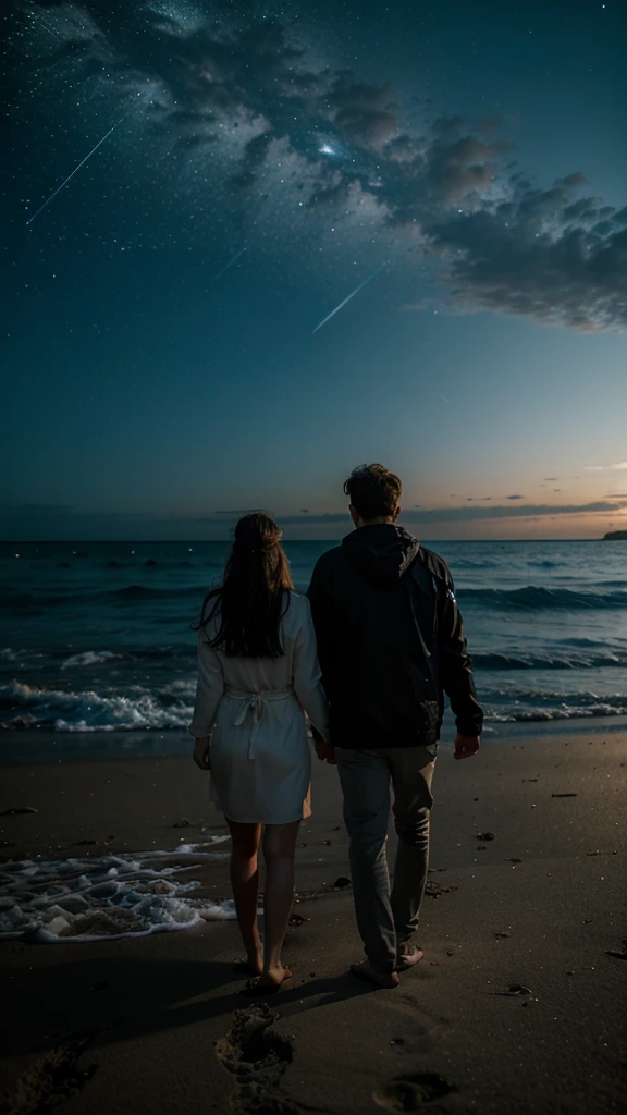 a couple walking in a beach at night, going to the horizon, many lights from the stars shining