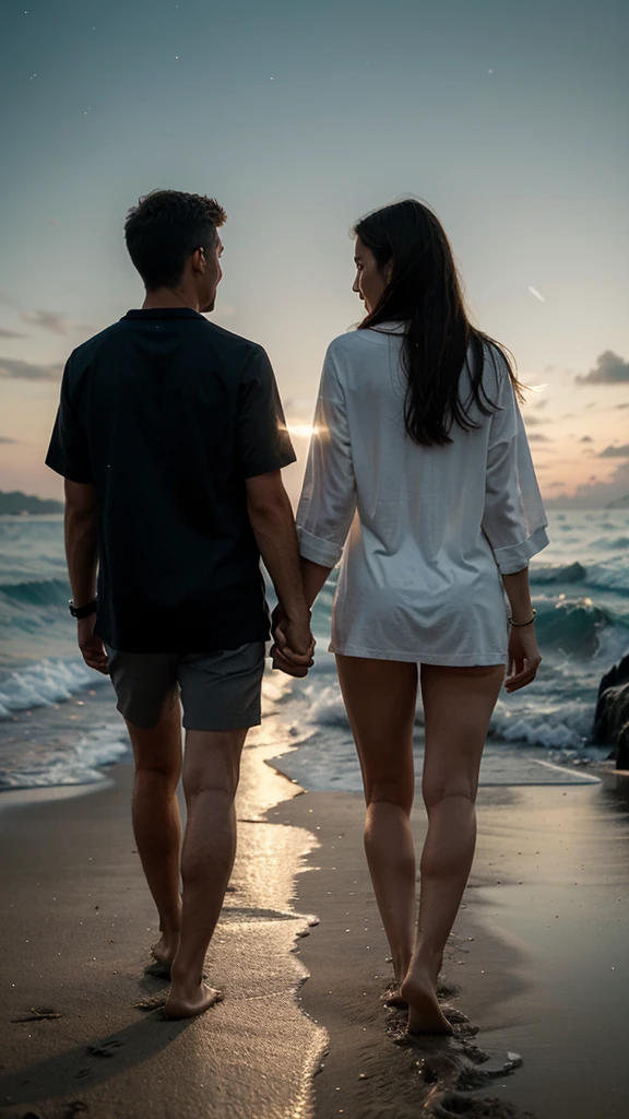 a couple walking in a beach at night, going to the horizon, many lights from the stars shining